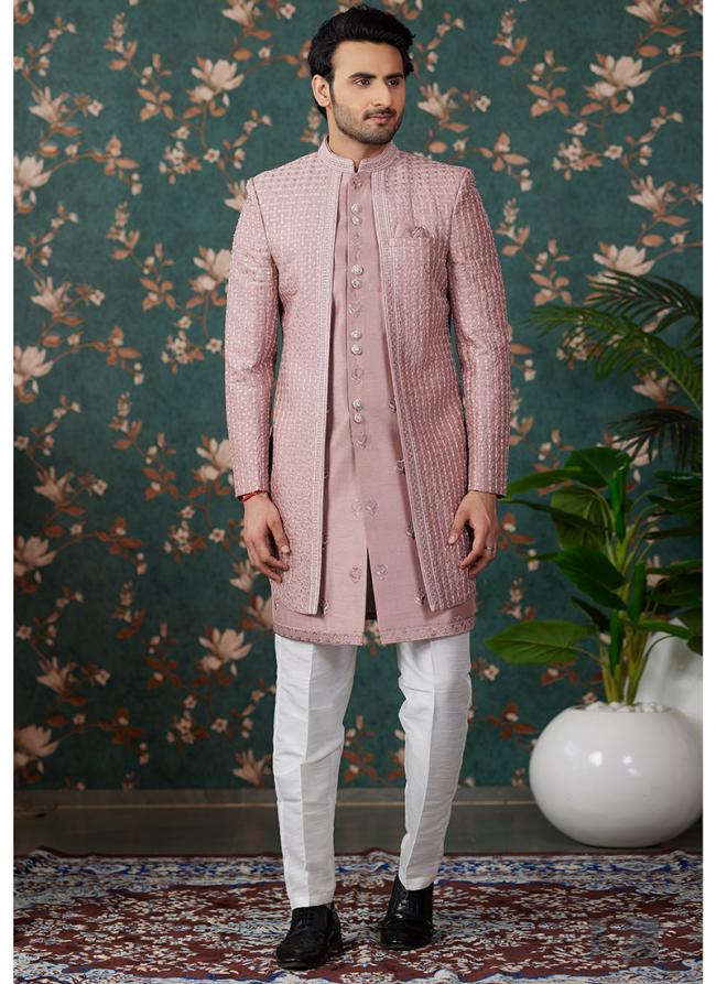 Art Silk Peach Groom Wear Thread Work Readymade Sherwani